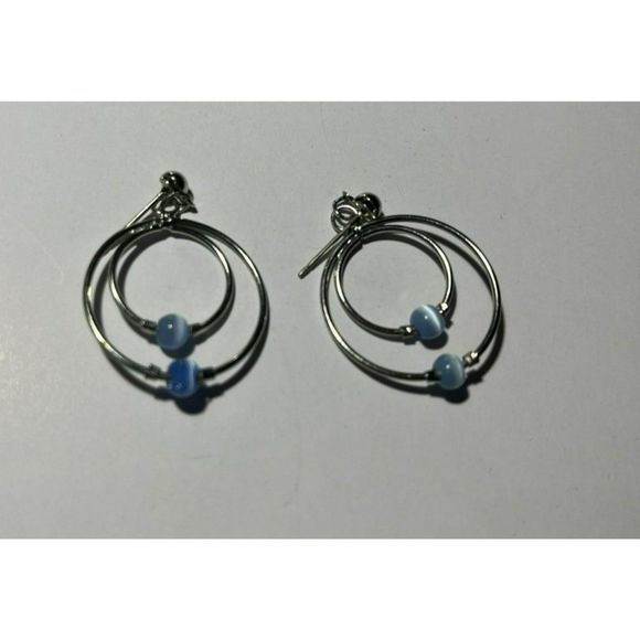 Double Hoop Earrings with‎ Blue and White Bead Silver Tone - Picture 1 of 3